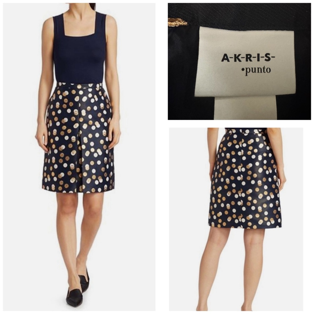 NWT - AKRIS PUNTO Women US 10 Dot Pleat Front Skirt in Navy Gold